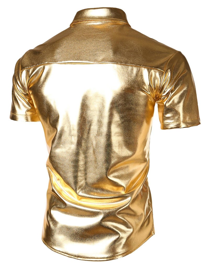 JOGAL Men's 70s Disco Shiny Metallic Gold Silver Short Sleeve Button Down Shirts XX-Large Gold - Image 2